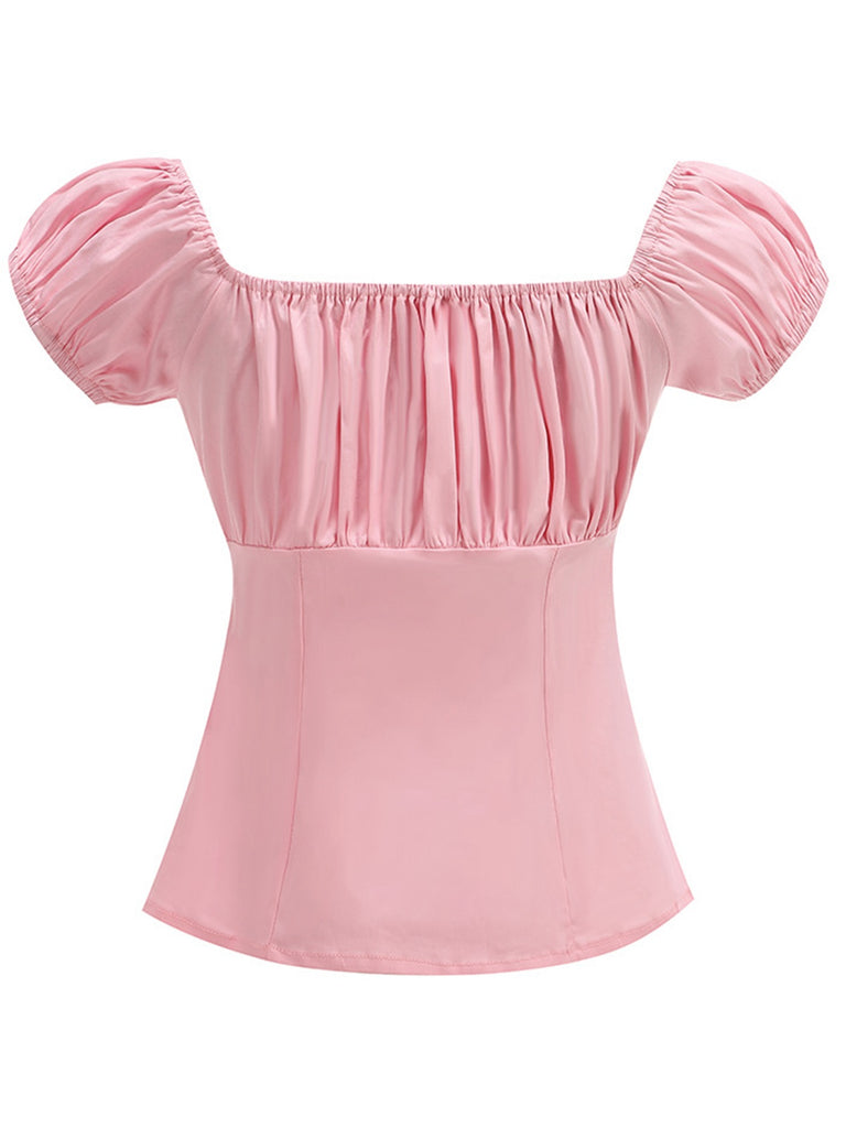 1950s Solid Square Neck Ruched Top