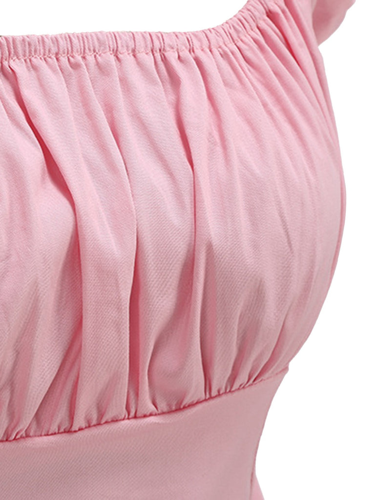 1950s Solid Square Neck Ruched Top