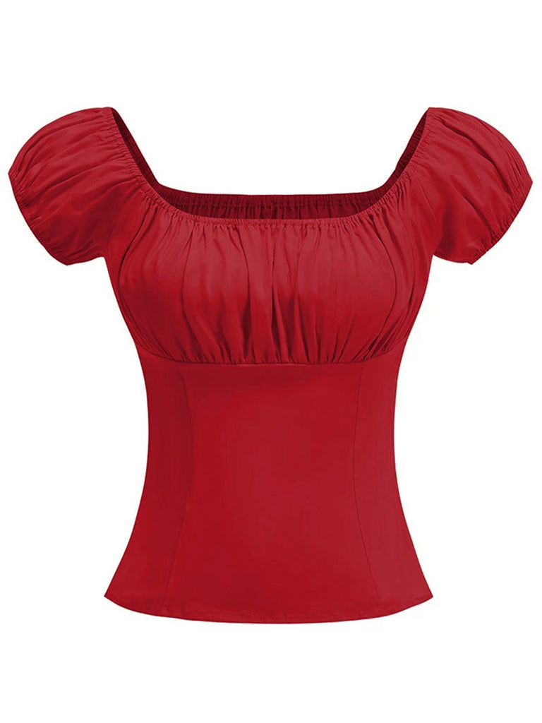 1950s Solid Square Neck Ruched Top