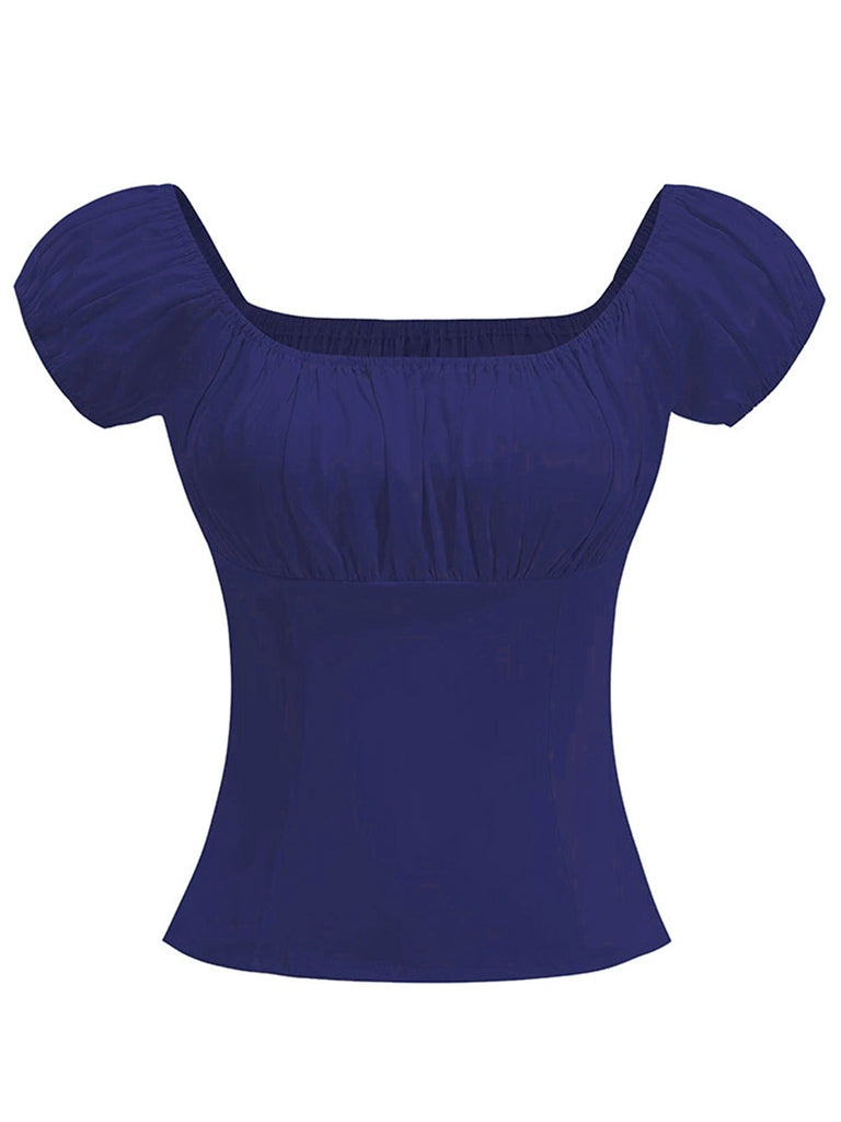 1950s Solid Square Neck Ruched Top