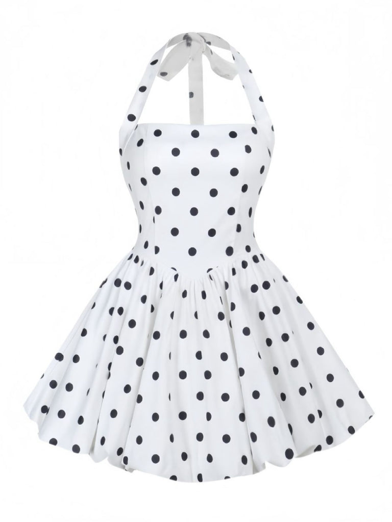 White 1960s Polka Dots Halter Tutu Dress