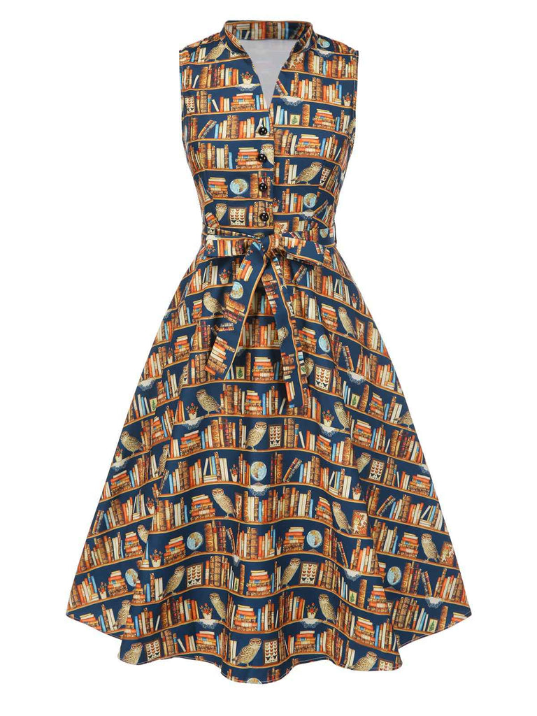 1950s Owl Bookshelf Print Stand Collar Dress
