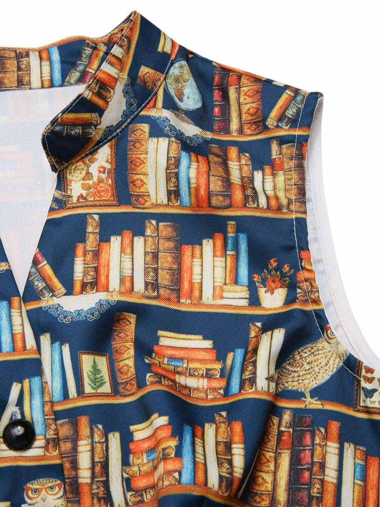 1950s Owl Bookshelf Print Stand Collar Dress