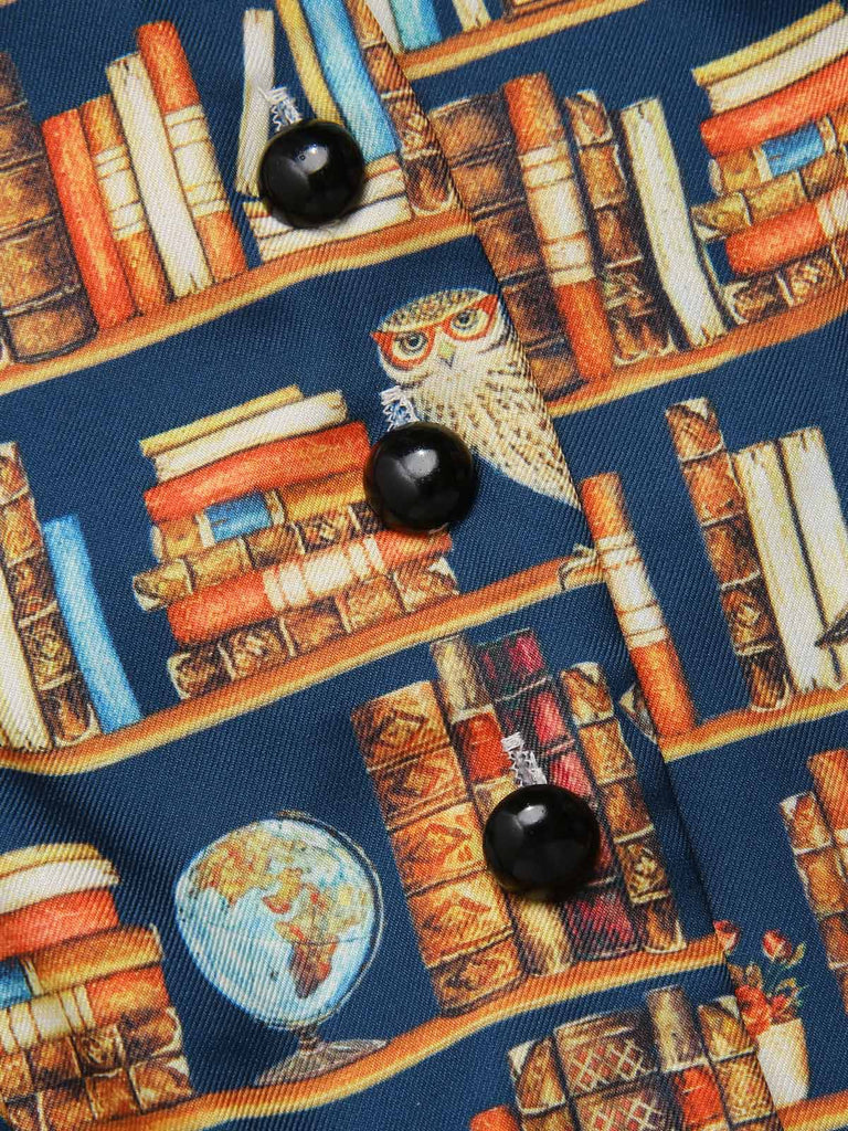 1950s Owl Bookshelf Print Stand Collar Dress
