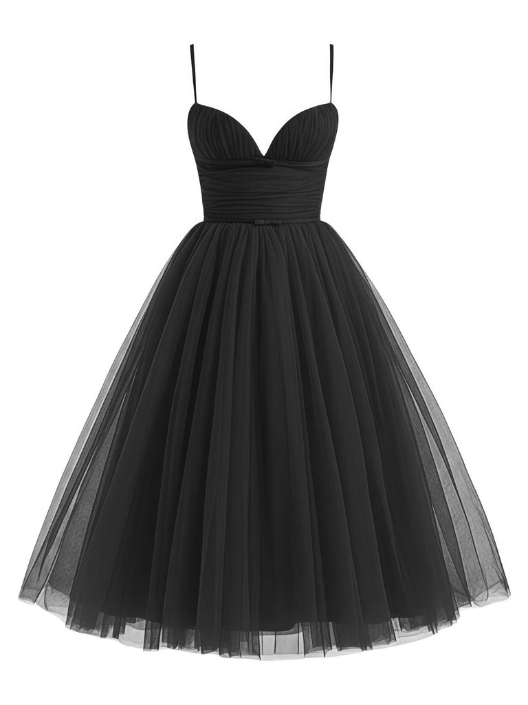 1950s Sweetheart Neck Ruched Mesh Dress