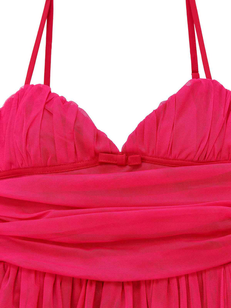 1950s Sweetheart Neck Ruched Mesh Dress