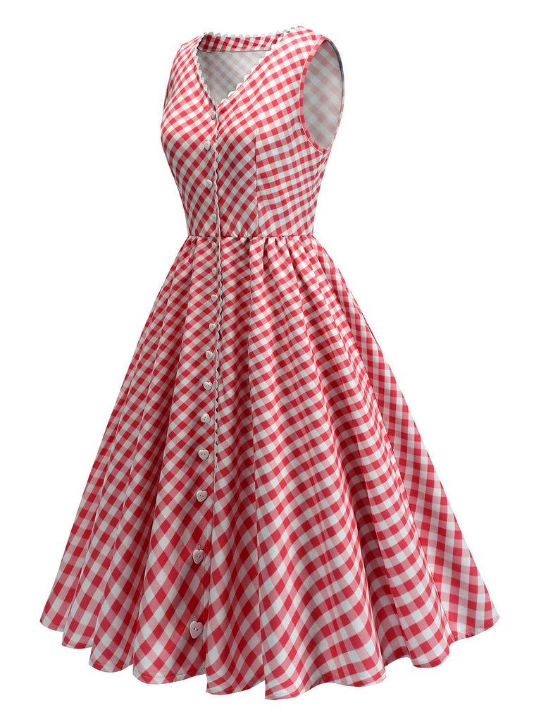 Red 1950s V-Neck Gingham Plaid Dress