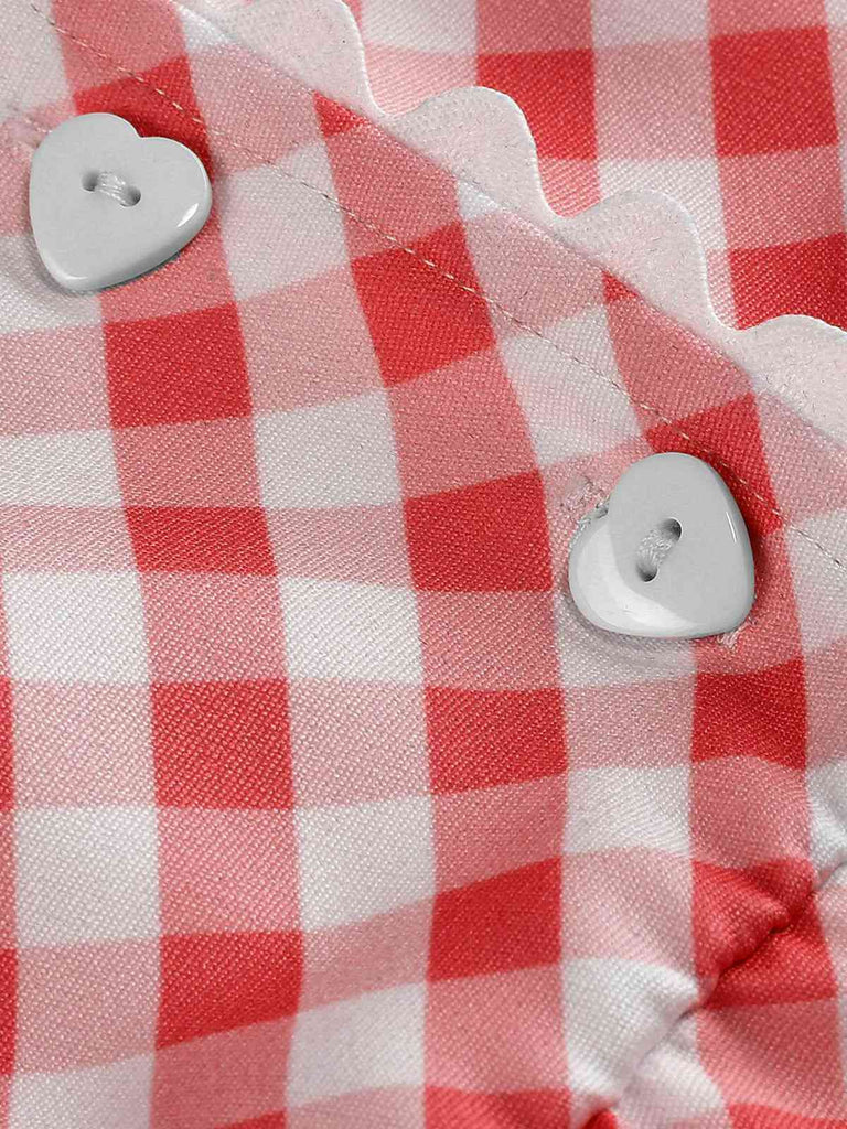 Red 1950s V-Neck Gingham Plaid Dress