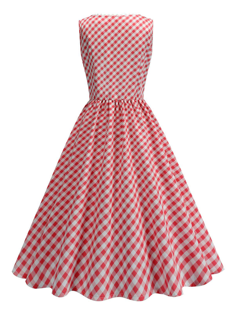 Red 1950s V-Neck Gingham Plaid Dress