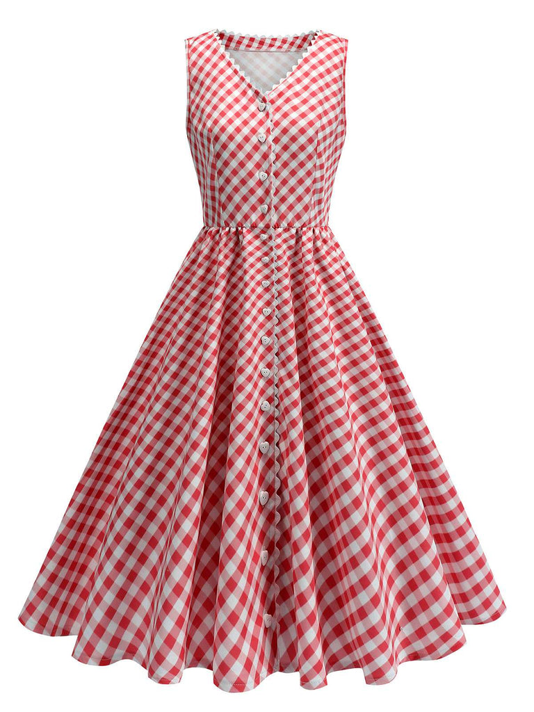 Red 1950s V-Neck Gingham Plaid Dress