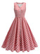 Red 1950s V-Neck Gingham Plaid Dress