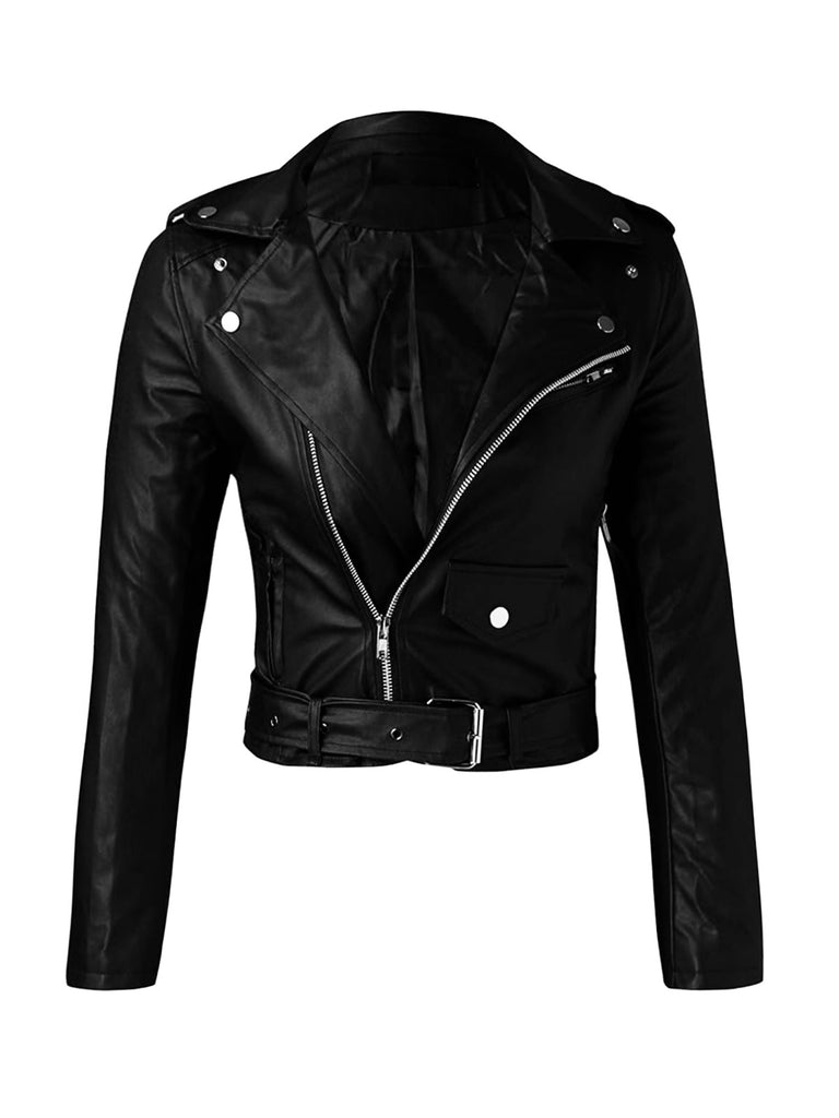 1980s Solid Lapel PU Leather Belted Cropped Jacket