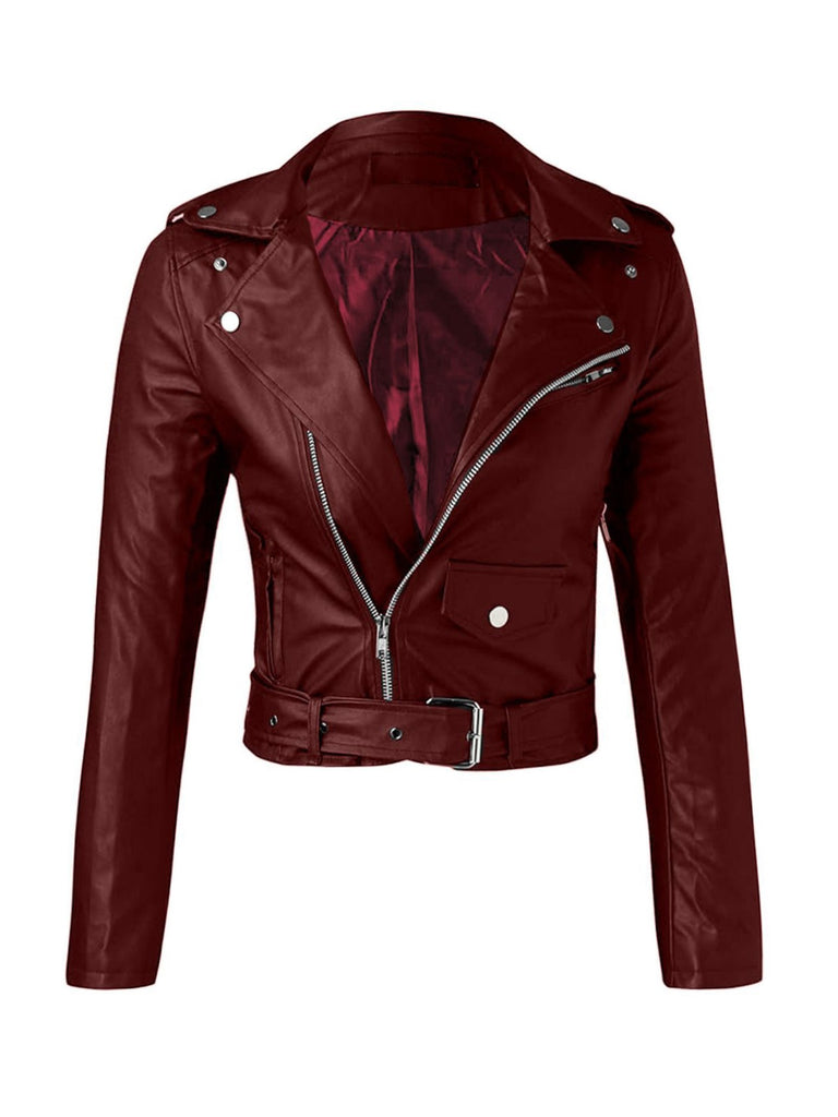 1980s Solid Lapel PU Leather Belted Cropped Jacket