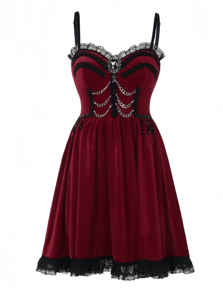 Burgundy 1950s Christmas Gothic Velvet Chain Rhinestone Dress