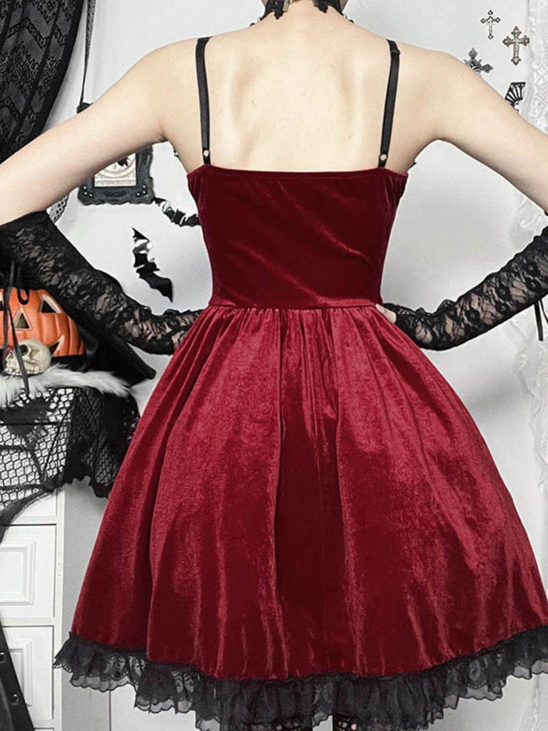 Burgundy 1950s Christmas Gothic Velvet Chain Rhinestone Dress