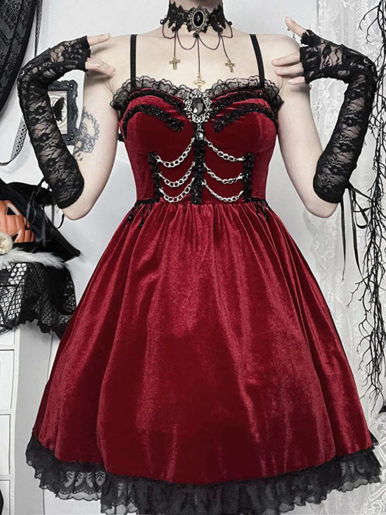 Burgundy 1950s Christmas Gothic Velvet Chain Rhinestone Dress