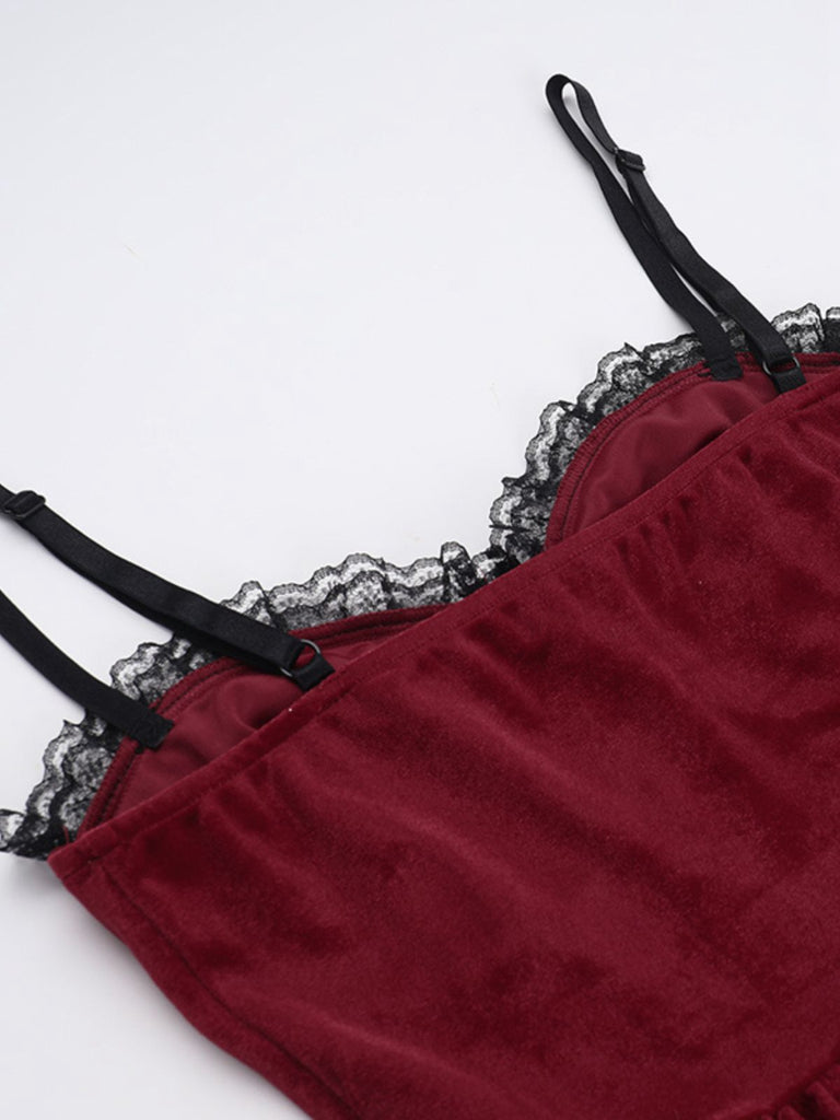 Burgundy 1950s Christmas Gothic Velvet Chain Rhinestone Dress