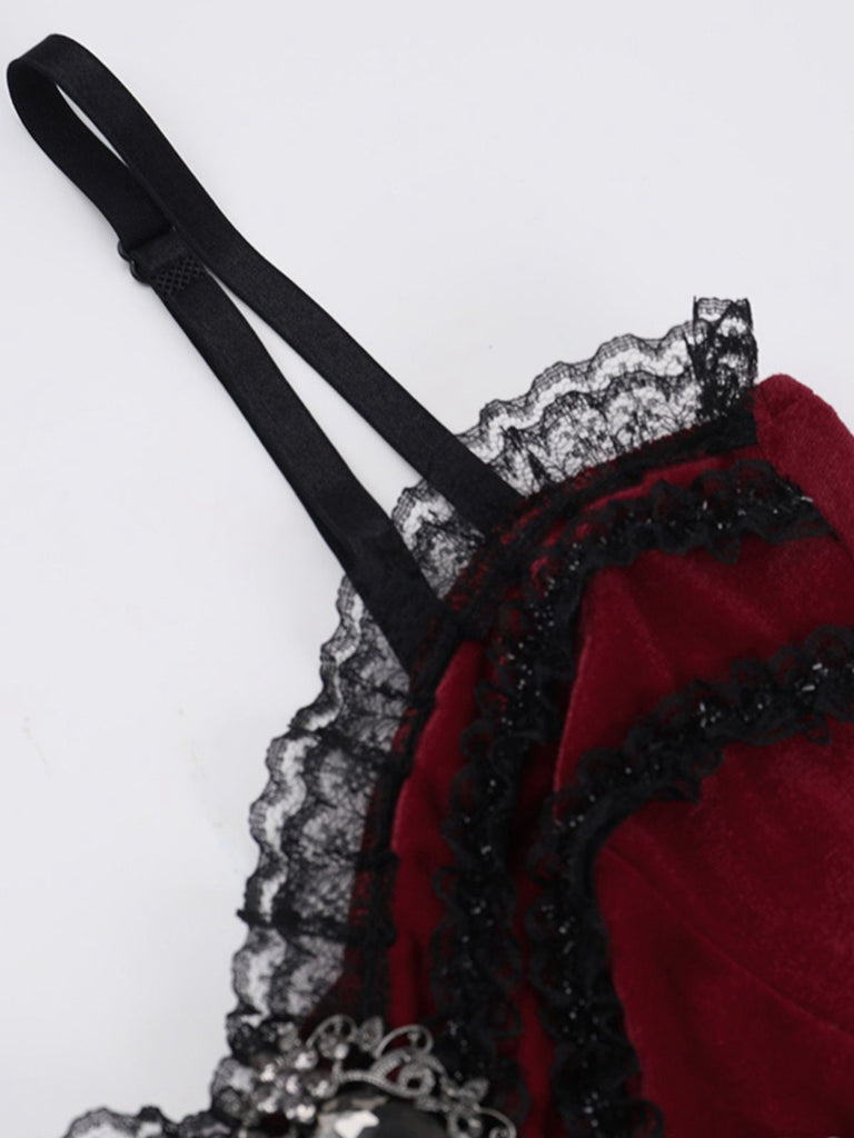 Burgundy 1950s Christmas Gothic Velvet Chain Rhinestone Dress