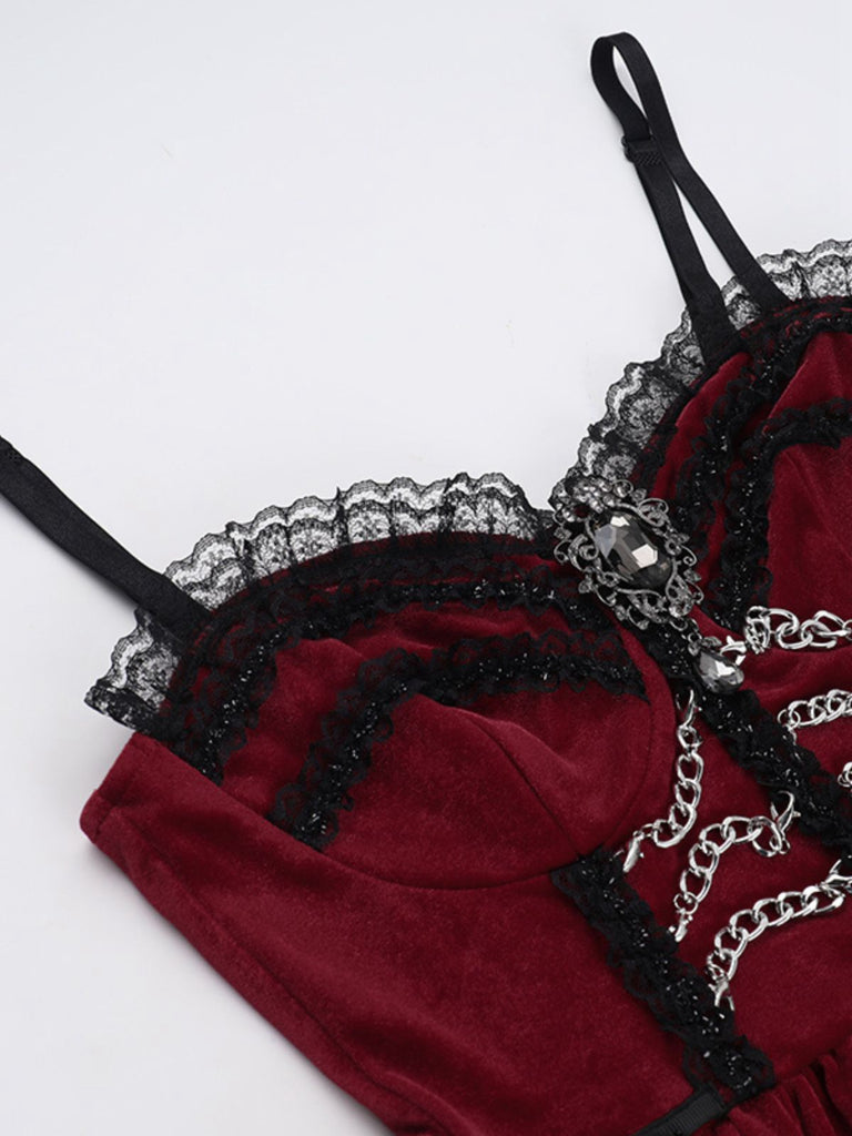 Burgundy 1950s Christmas Gothic Velvet Chain Rhinestone Dress