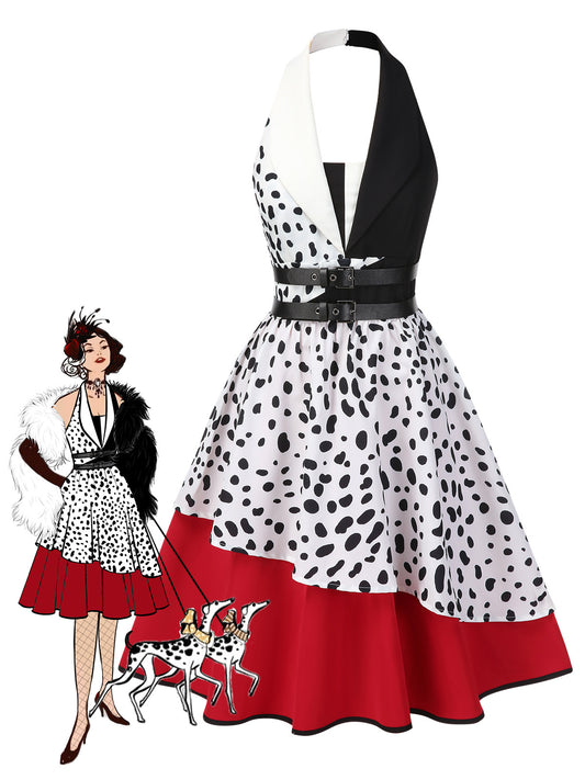 Red 1970s Irregular Contrast Halter Dalmatian Dress