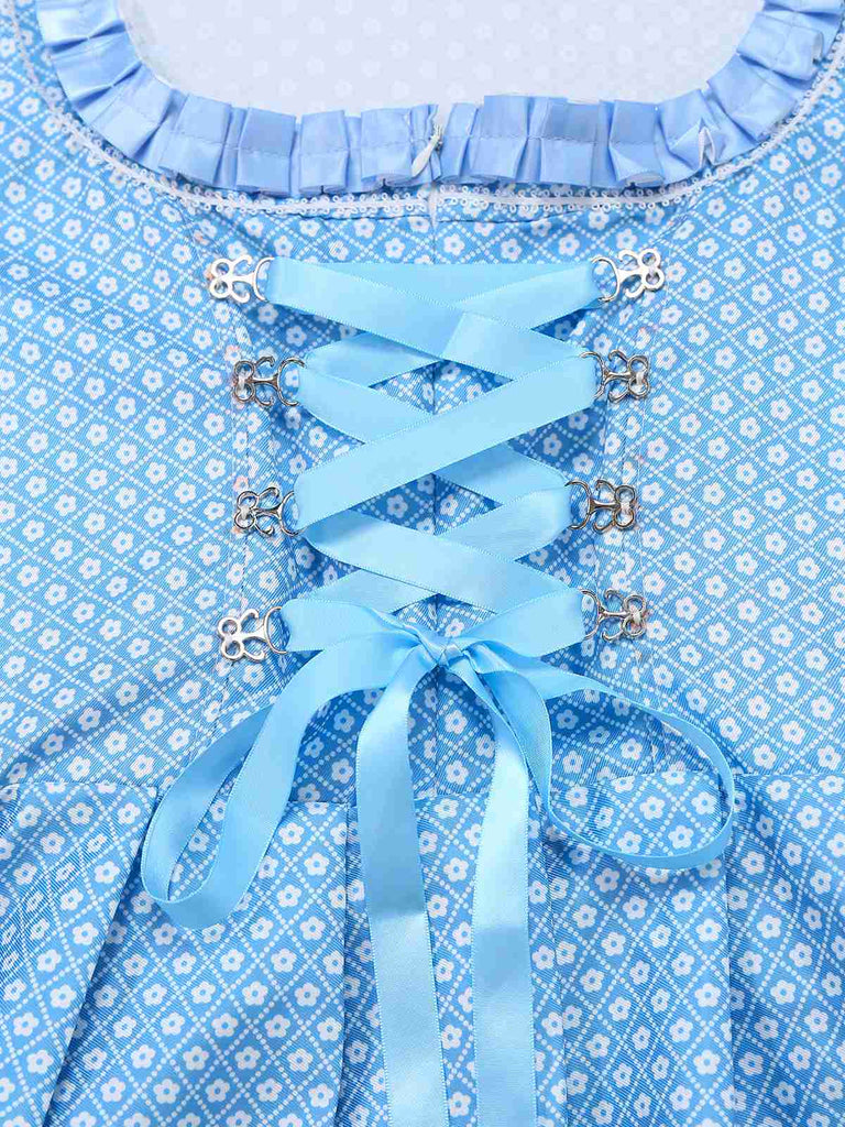 3PCS Blue 1950s Floral Dress & Embroidered Rose Apron