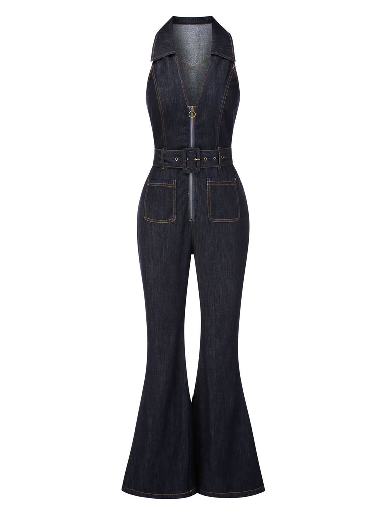 Blue 1970s Denim Collar Belted Flared Jumpsuit