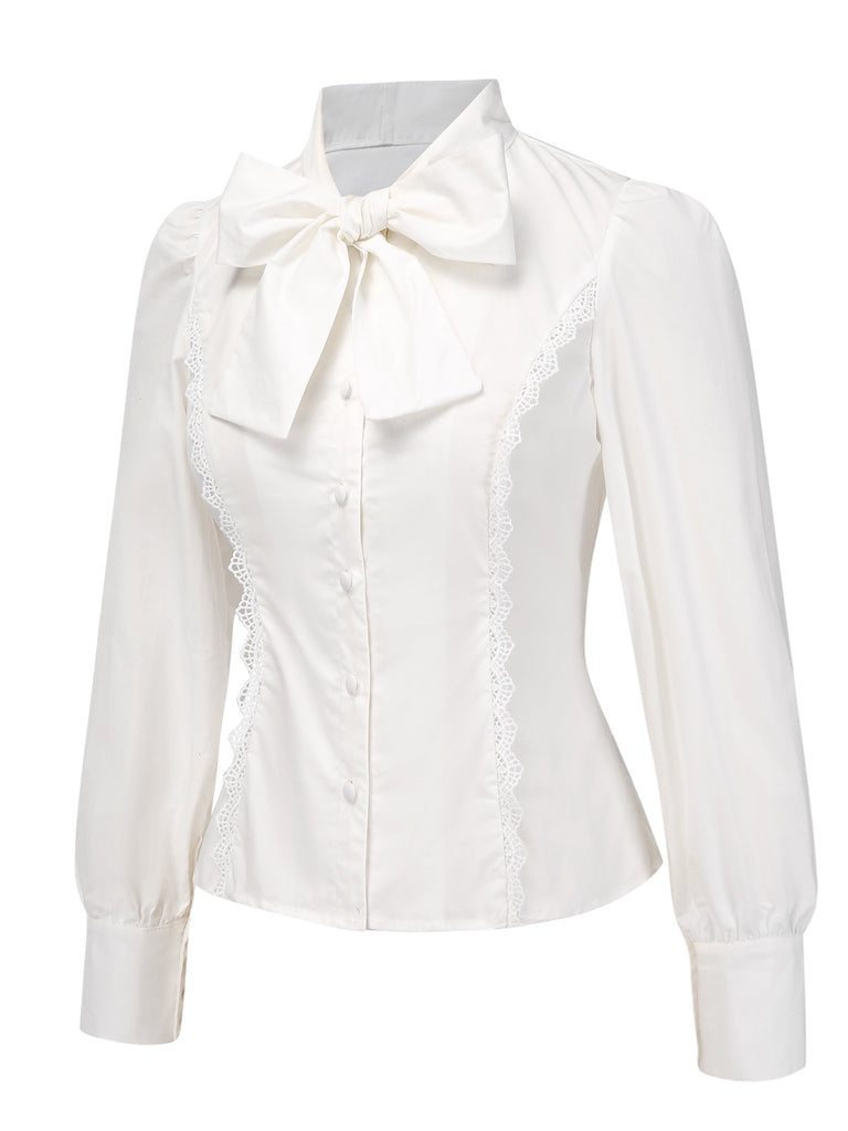 White 1950s Solid Cotton Tie-Neck Bow Blouse