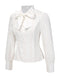 White 1950s Solid Cotton Tie-Neck Bow Blouse