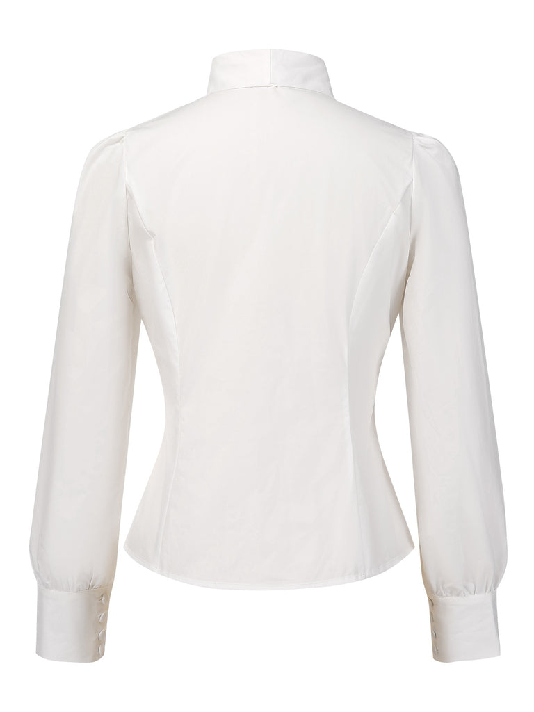 White 1950s Solid Cotton Tie-Neck Bow Blouse