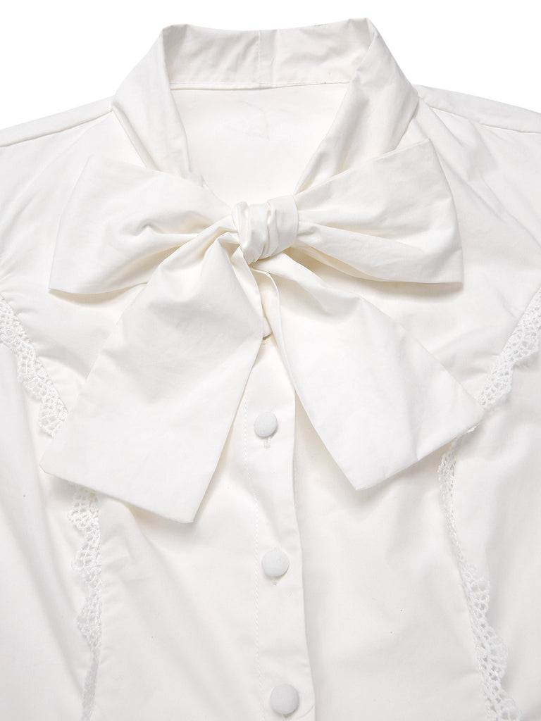 White 1950s Solid Cotton Tie-Neck Bow Blouse