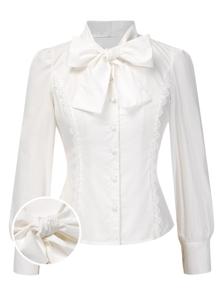 White 1950s Solid Cotton Tie-Neck Bow Blouse