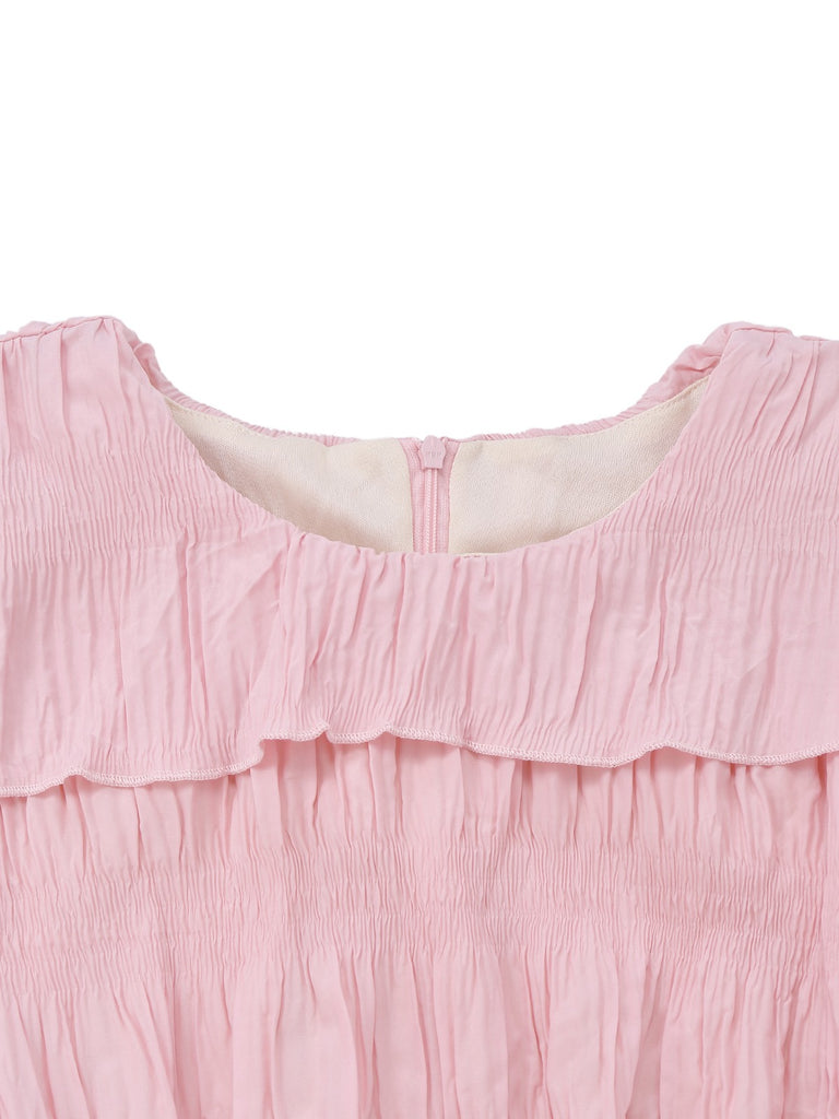Pink 1950s Pleated Ruffled Collar Dress