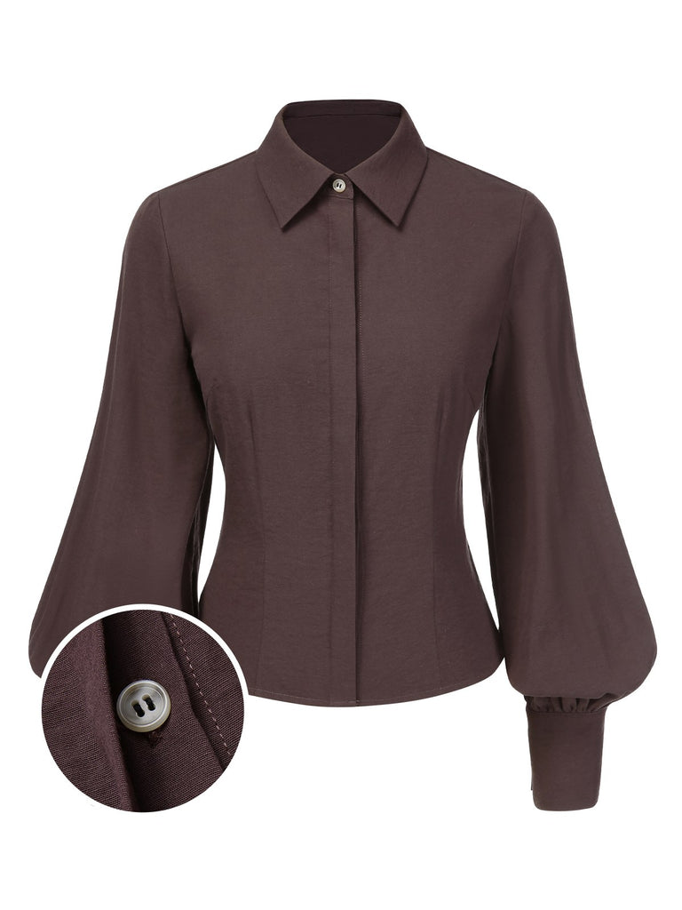Brown 1950s Solid Lantern Sleeve Lapel Blouse