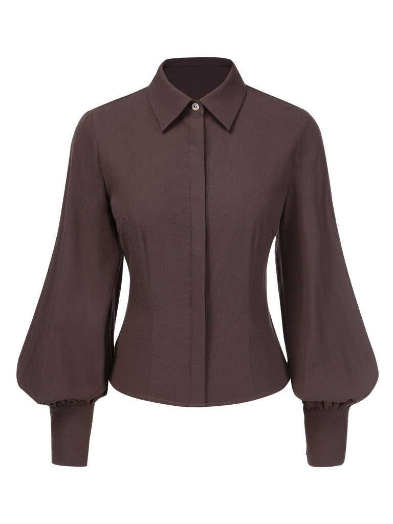 Brown 1950s Solid Lantern Sleeve Lapel Blouse