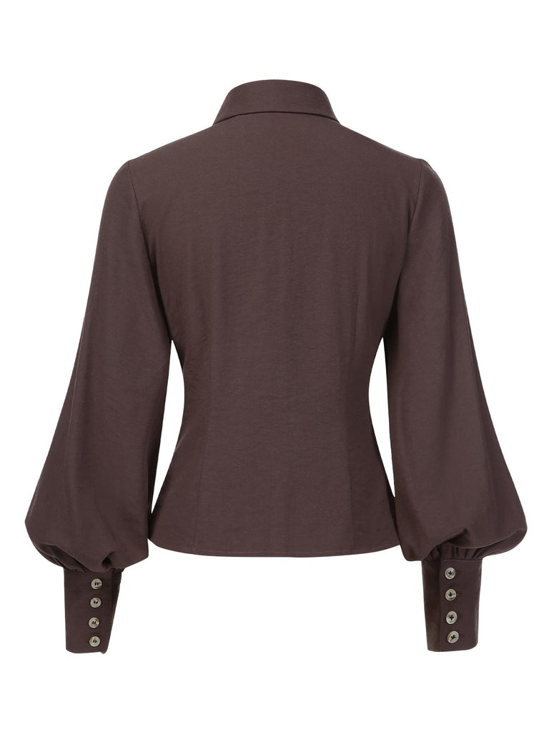 Brown 1950s Solid Lantern Sleeve Lapel Blouse