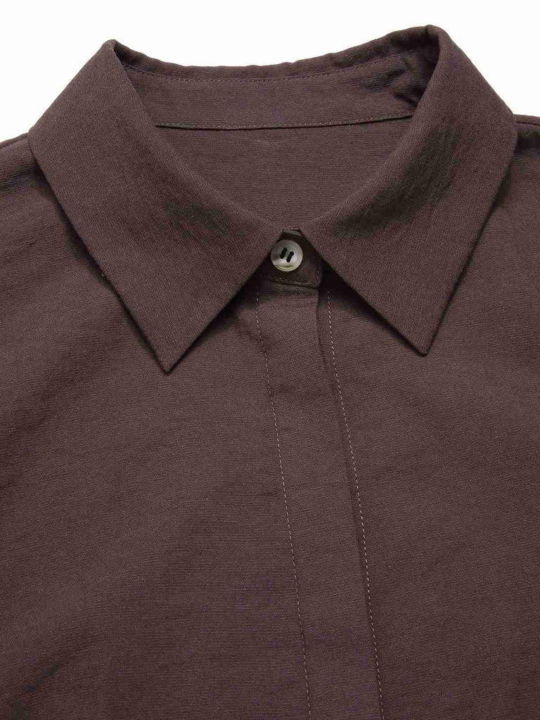 Brown 1950s Solid Lantern Sleeve Lapel Blouse