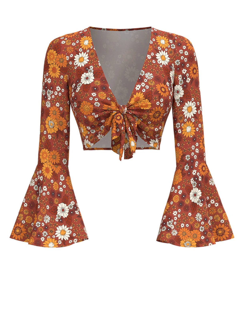 2PCS Orange 1970s Hippie Floral Bell Sleeve Top & Dress