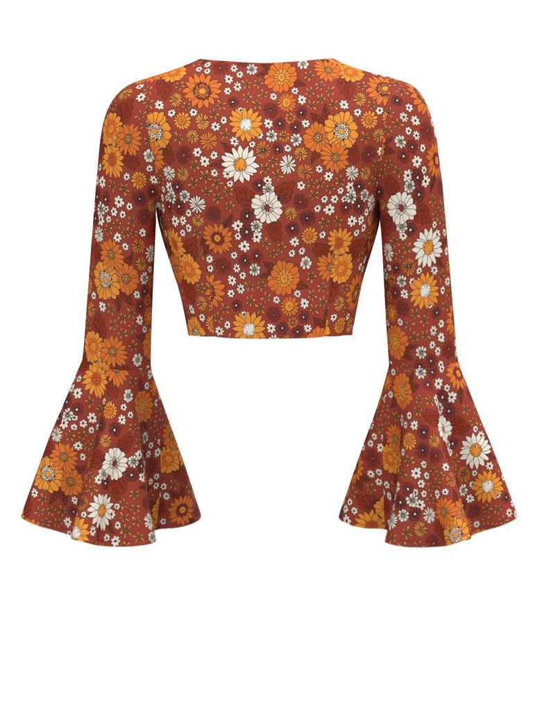 2PCS Orange 1970s Hippie Floral Bell Sleeve Top & Dress