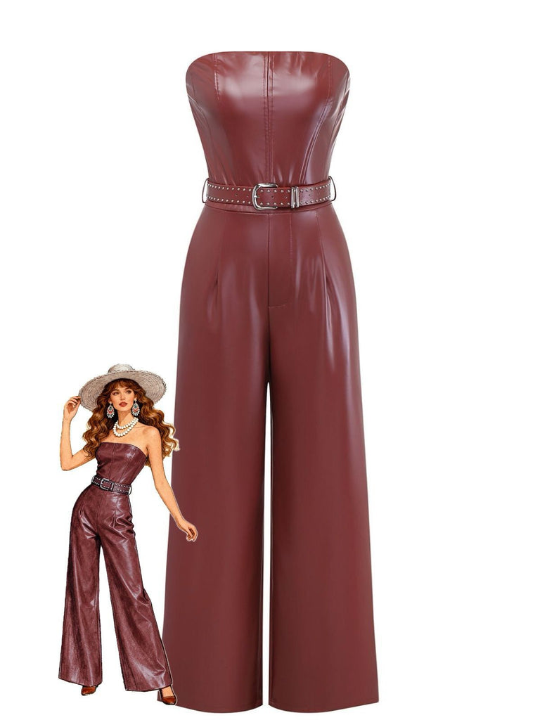 1940s PU Leather Belted Strapless Jumpsuit