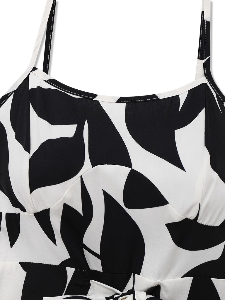 Black 1930s Leaf Silhouette Spaghetti Strap Jumpsuit