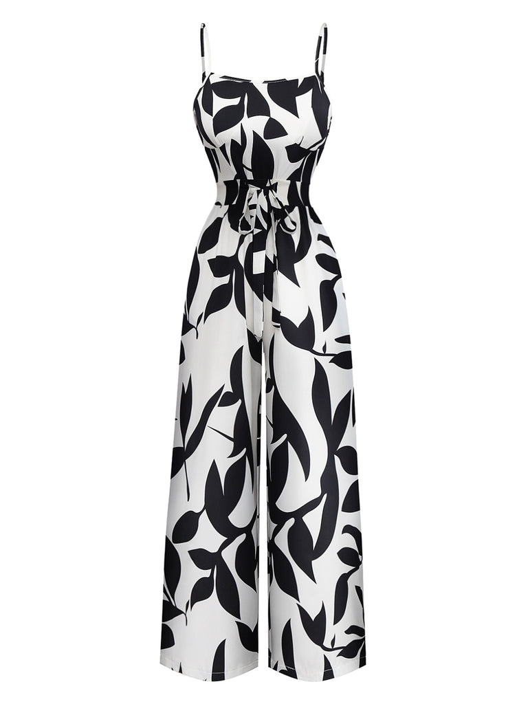 Black 1930s Leaf Silhouette Spaghetti Strap Jumpsuit