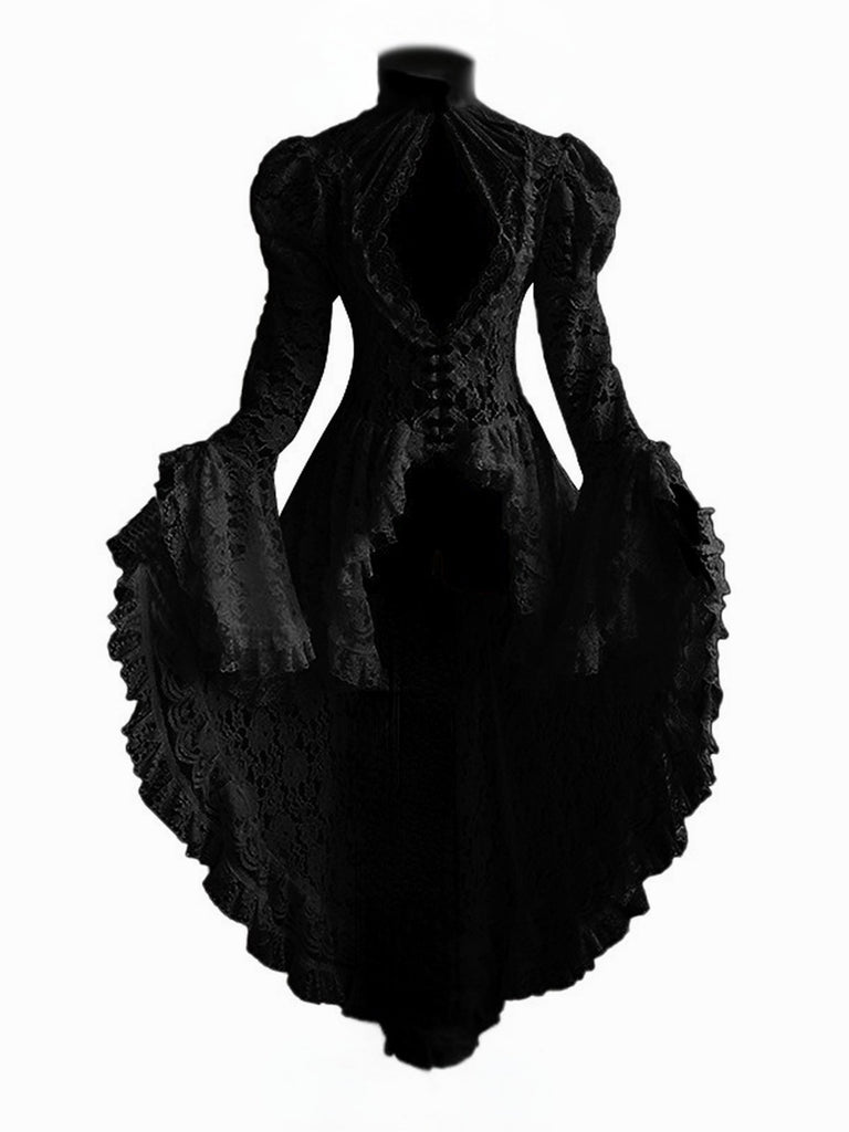 Black 1980s Gigot Sleeve Victorian Lace Dress