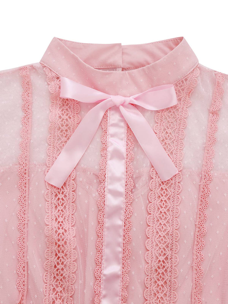 Pink 1960s Lace Trim Ribbon Bow Sleeveless Tulle Dress