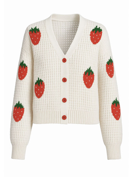 Beige 1950s Strawberry Drop Shoulder Knit Cardigan | Retro Stage