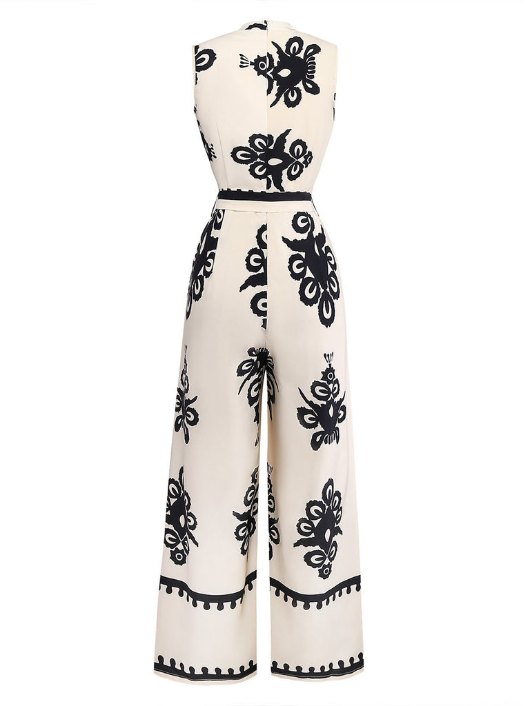 Beige 1970s Deep V-Neck Ethnic Print Jumpsuit