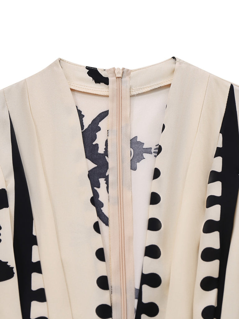 Beige 1970s Deep V-Neck Ethnic Print Jumpsuit