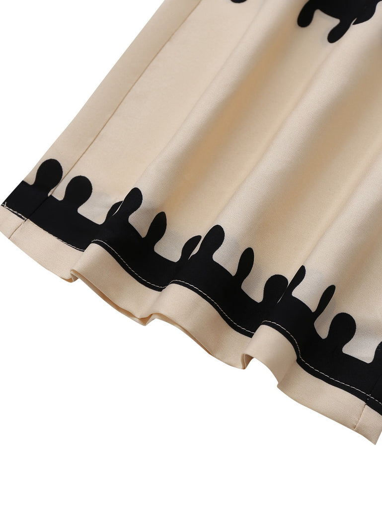 Beige 1970s Deep V-Neck Ethnic Print Jumpsuit