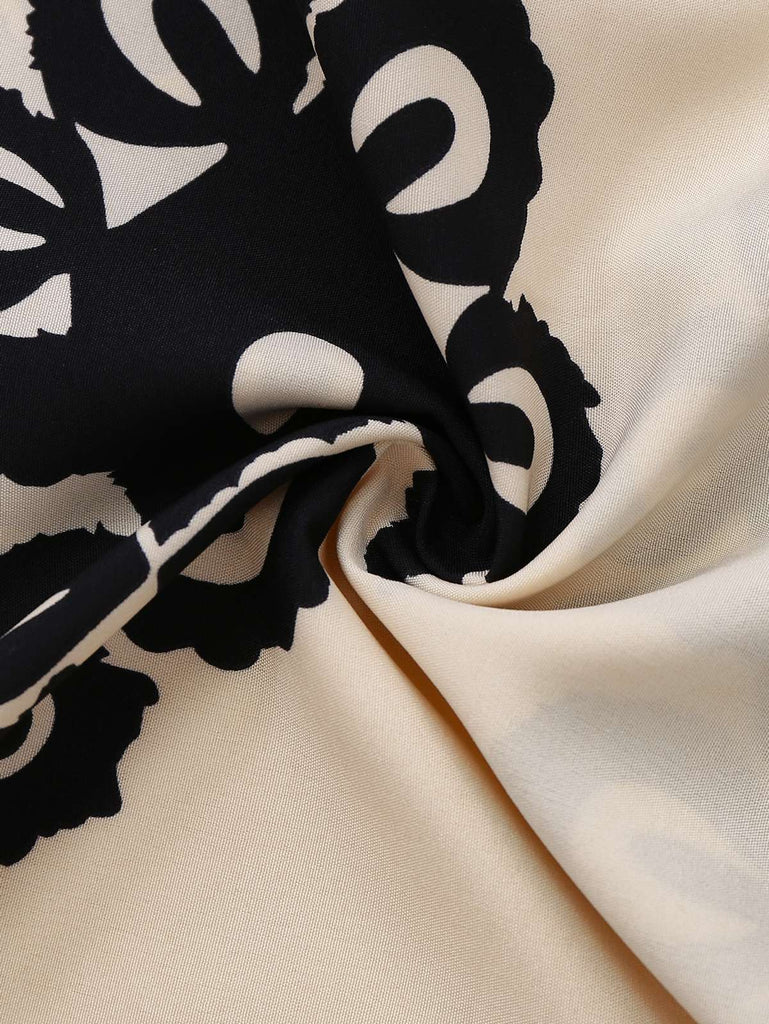 Beige 1970s Deep V-Neck Ethnic Print Jumpsuit