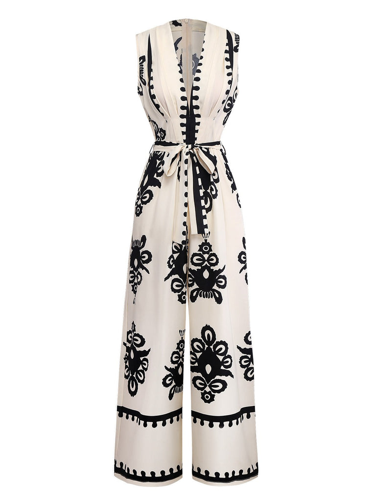 Beige 1970s Deep V-Neck Ethnic Print Jumpsuit