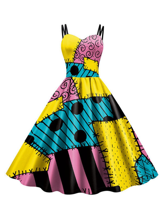 Multicolor 1950s Nightmare Before Christmas Sally Colorblock Dress
